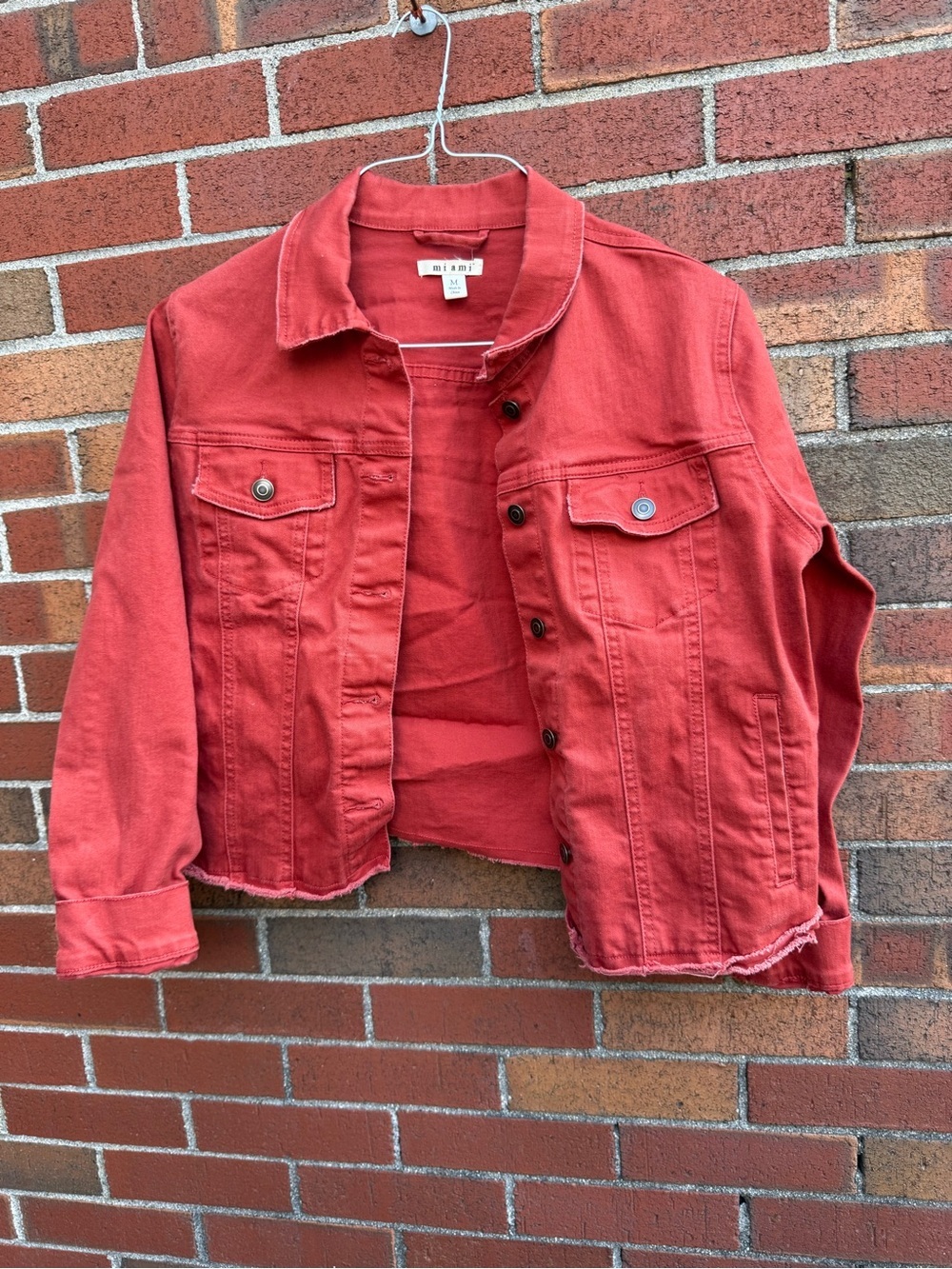 MiAmi Red Denim Jacket Medium Raw Hem Stretch Cotton Trucker Jacket